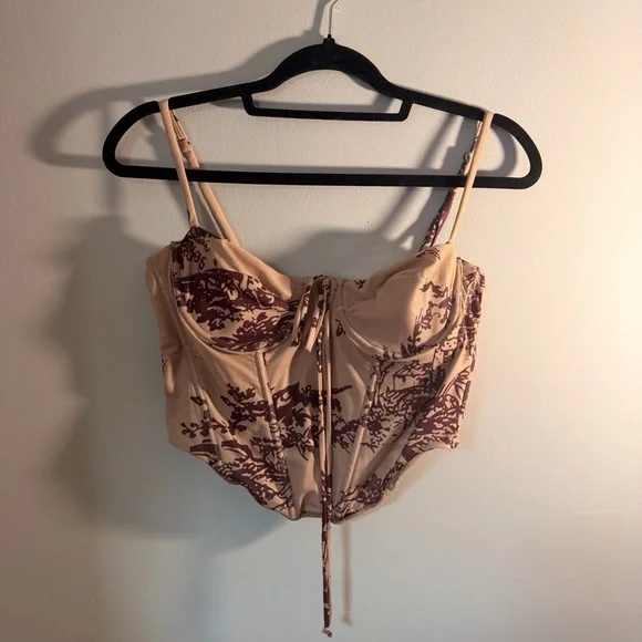 Tic Toc Corset Style Lace-Up Bustier Top Beige & Brown Print - Picture 2 of 4